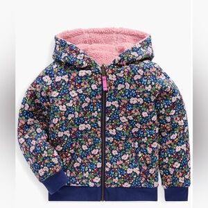 Mini Boden Kids' girls pink fluffy Reversible Hoodie jacket 5-6Y